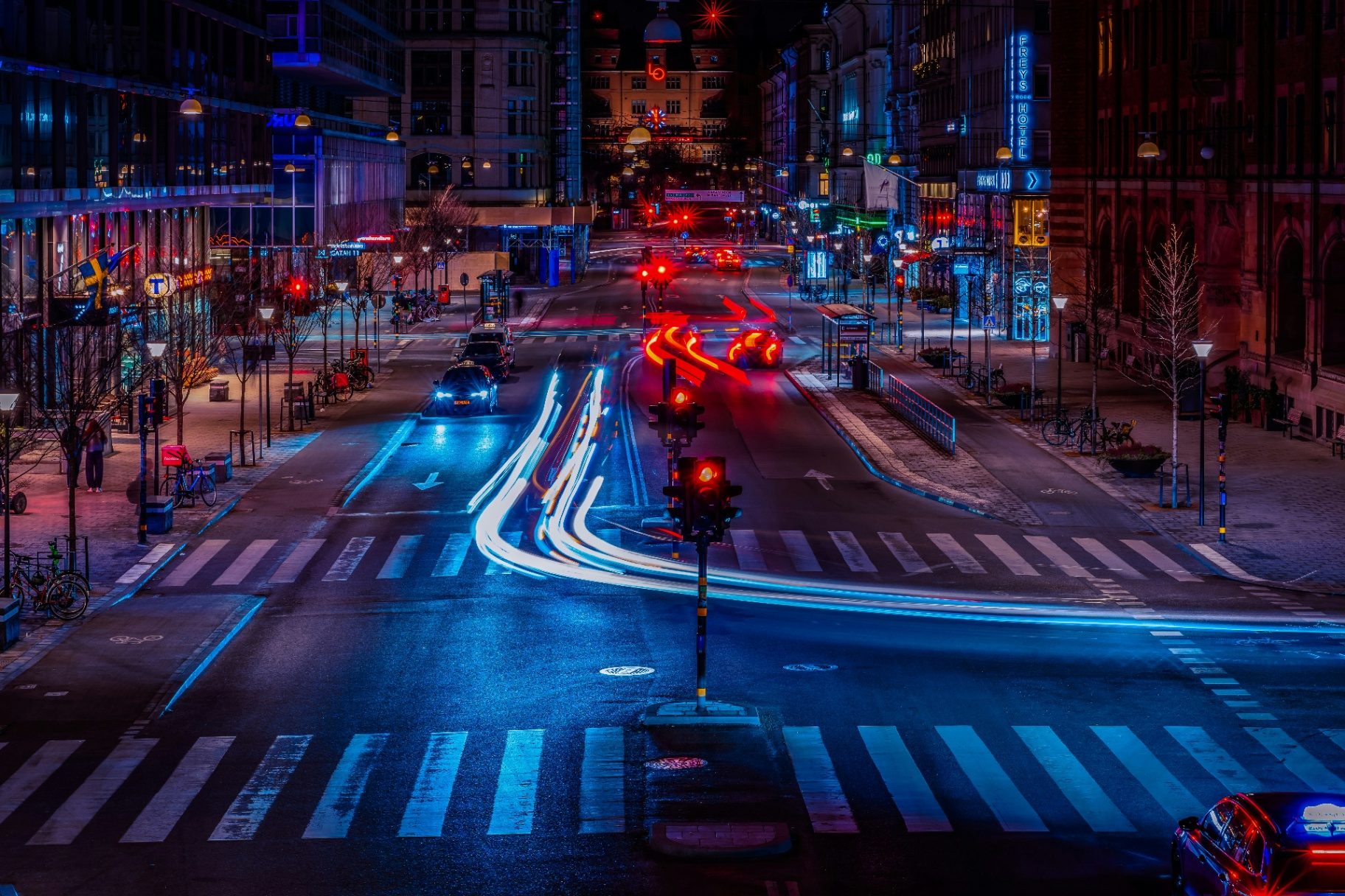 Stockholm skyline at night with city light trails — Nordic hotel investment region